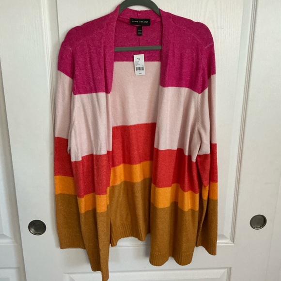 LANE BRYANT PLUS SIZE 22 24 LONG CARDIGAN COLORBLOCK SWEATER PINK RANGE‎ YELLOW - Picture 2 of 7